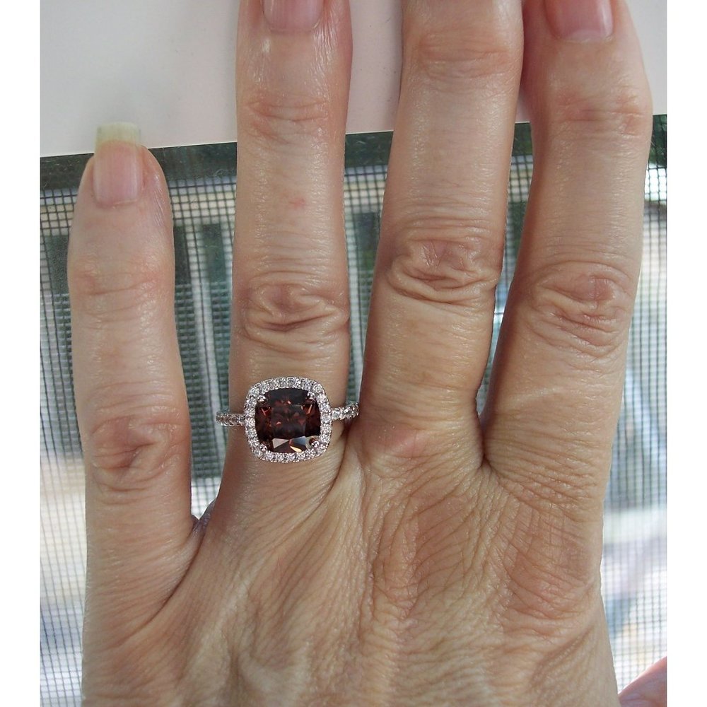 925 STERLING SILVER Cushion Cut Chocolate CZ Halo Ring - Picture 10 of 16